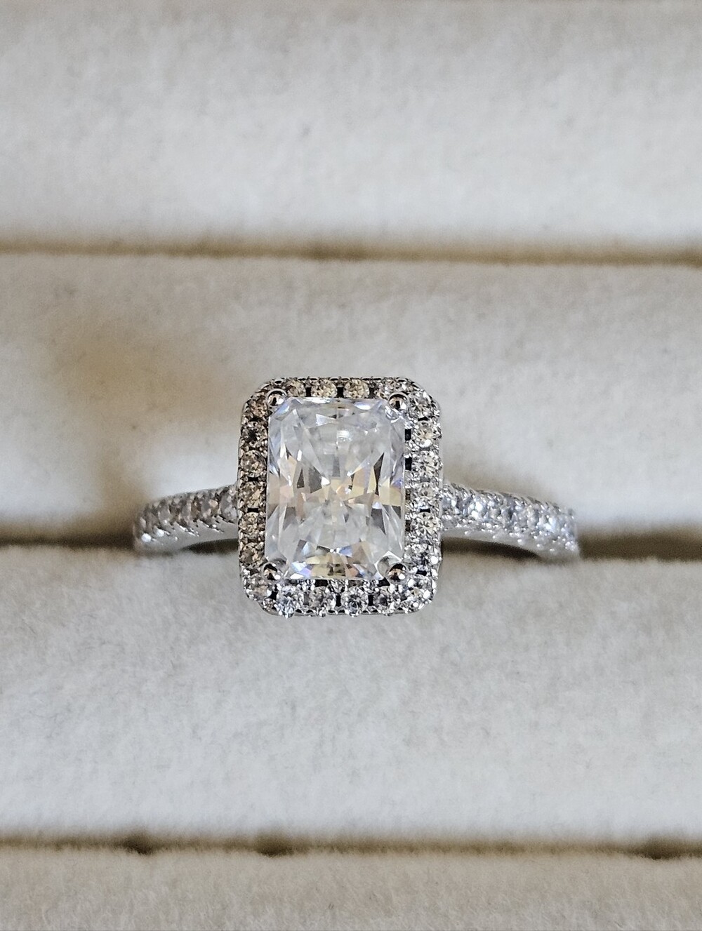 Radiant Cut Halo Moissanite Engagement Ring in Silver